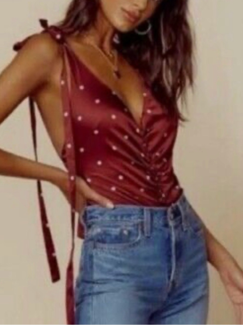 For Love & Lemons Satin Polka Dot Bodysuit Burgundy Button Open Back Women’s XS